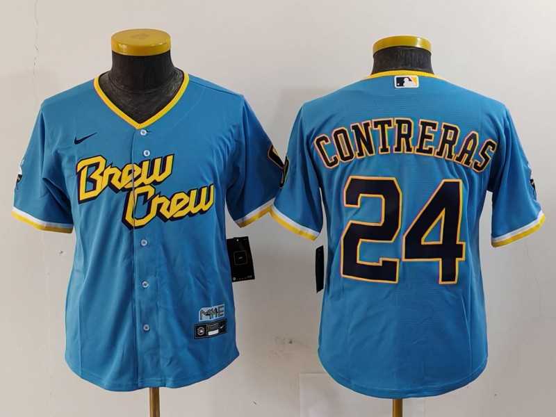 Youth Milwaukee Brewers #24 William Contreras Blue 2022 City Connect Cool Base Stitched Jersey